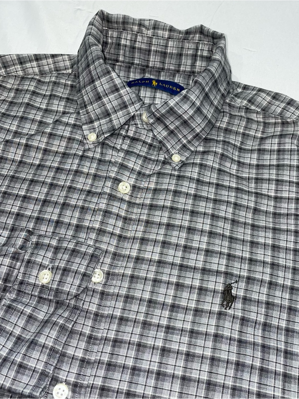Polo Ralph Lauren Mens Large Grey Plaid Button‎ Down Long Sleeve Cotton Shirt